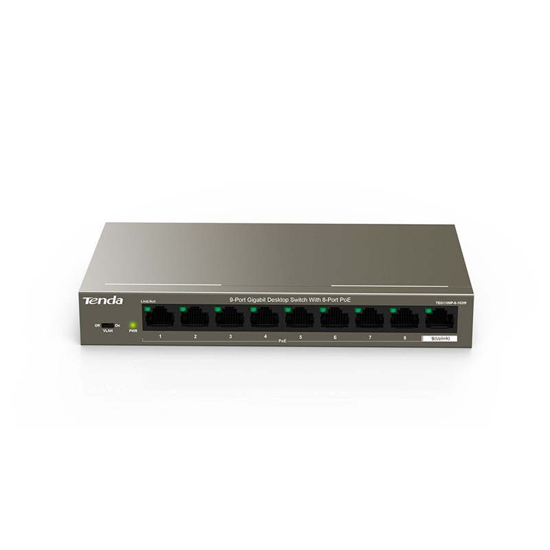 Tenda SWITCH PoE TEG1109P-8-102W IEEE 802.3af/at, 8P 10/100/1000 Prot Ful 6KV, VLAN