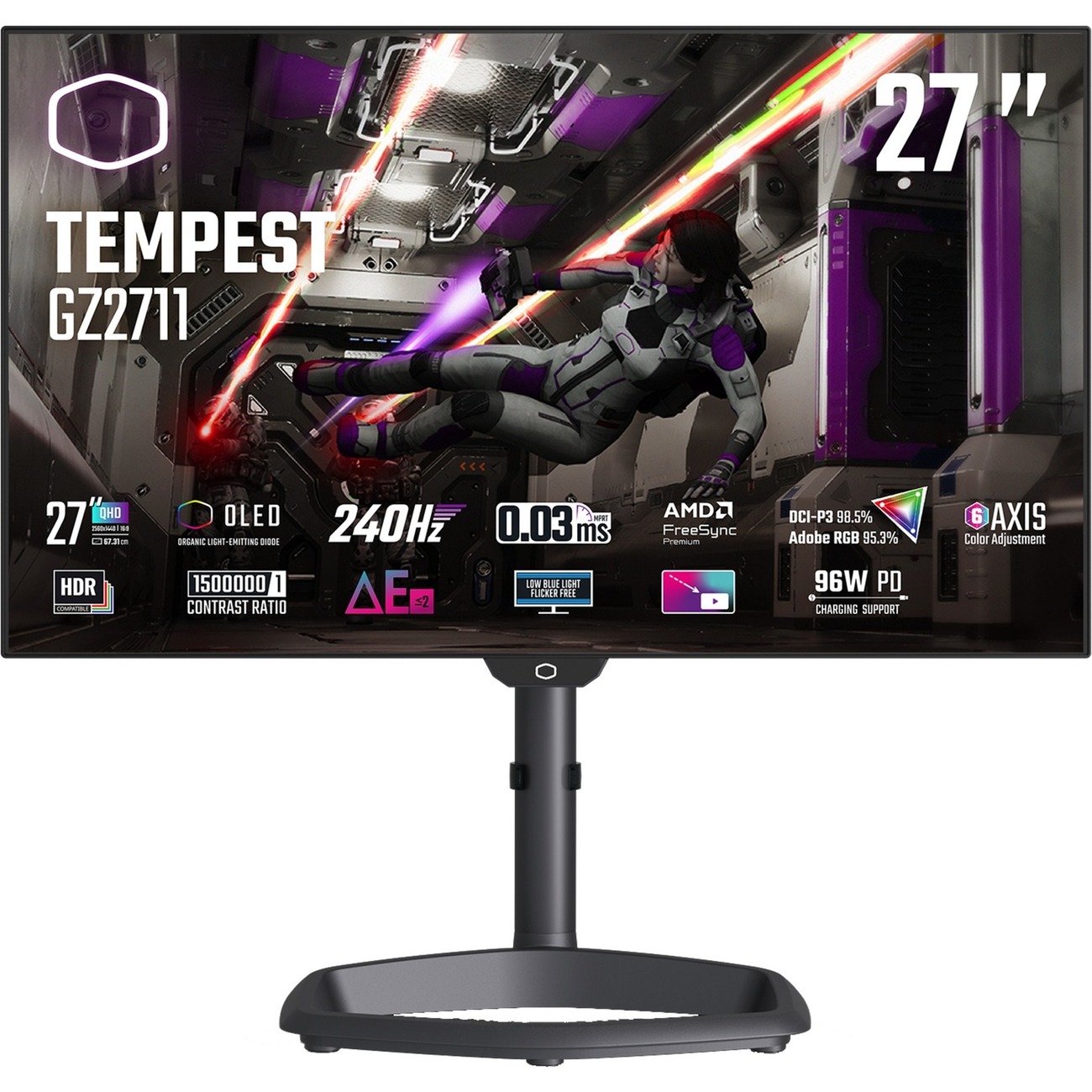 COOLER MASTER MONITOR 27 OLED 16:9 QHD 0,3 MS 240HZ, DCI-P3 98,5, ADOBE RGB 95,3, PIVOT, USB-C...